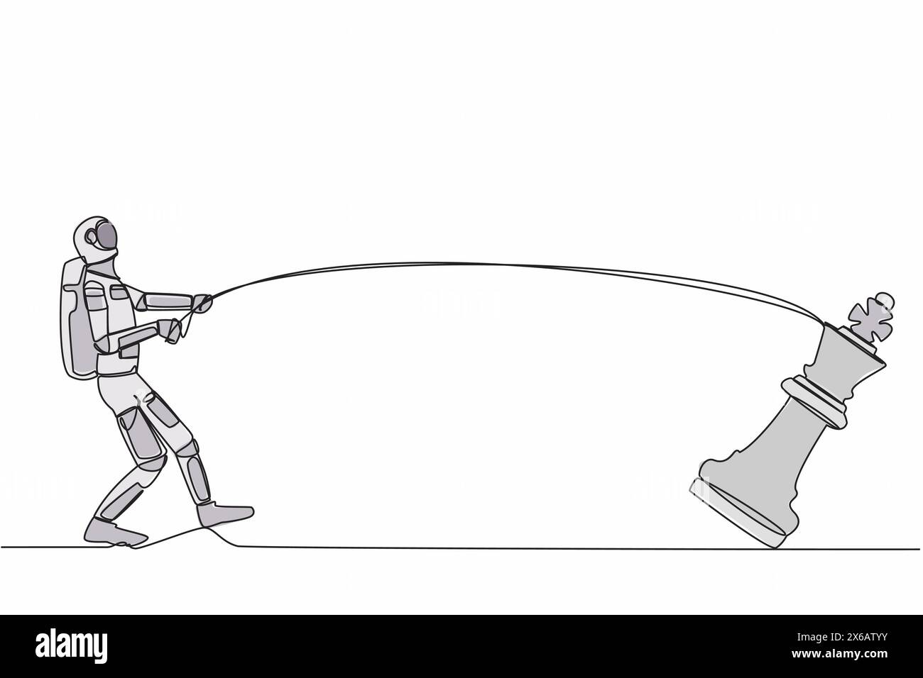 Ligne continue unique dessinant l'astronaute debout et tirant le grand roi des échecs avec la corde. Maintenir la domination du pouvoir extraterrestre. Cosmonaute Illustration de Vecteur