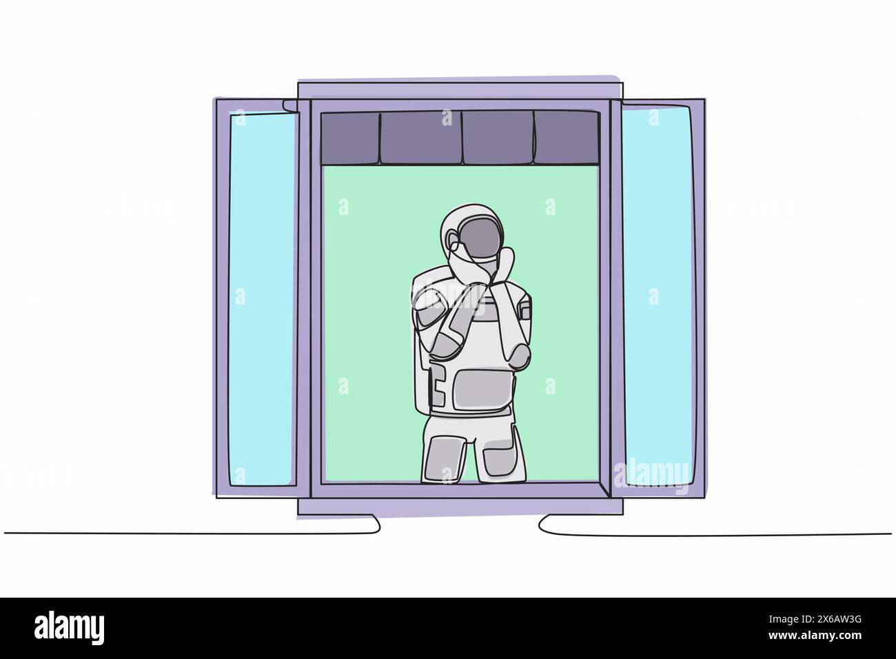 Simple une ligne dessinant jeune astronaute tristement avec le soutien du menton près de la fenêtre. Impact pandémique dans le secteur spatial. Concept d'espace de galaxie cosmique. Conti Illustration de Vecteur