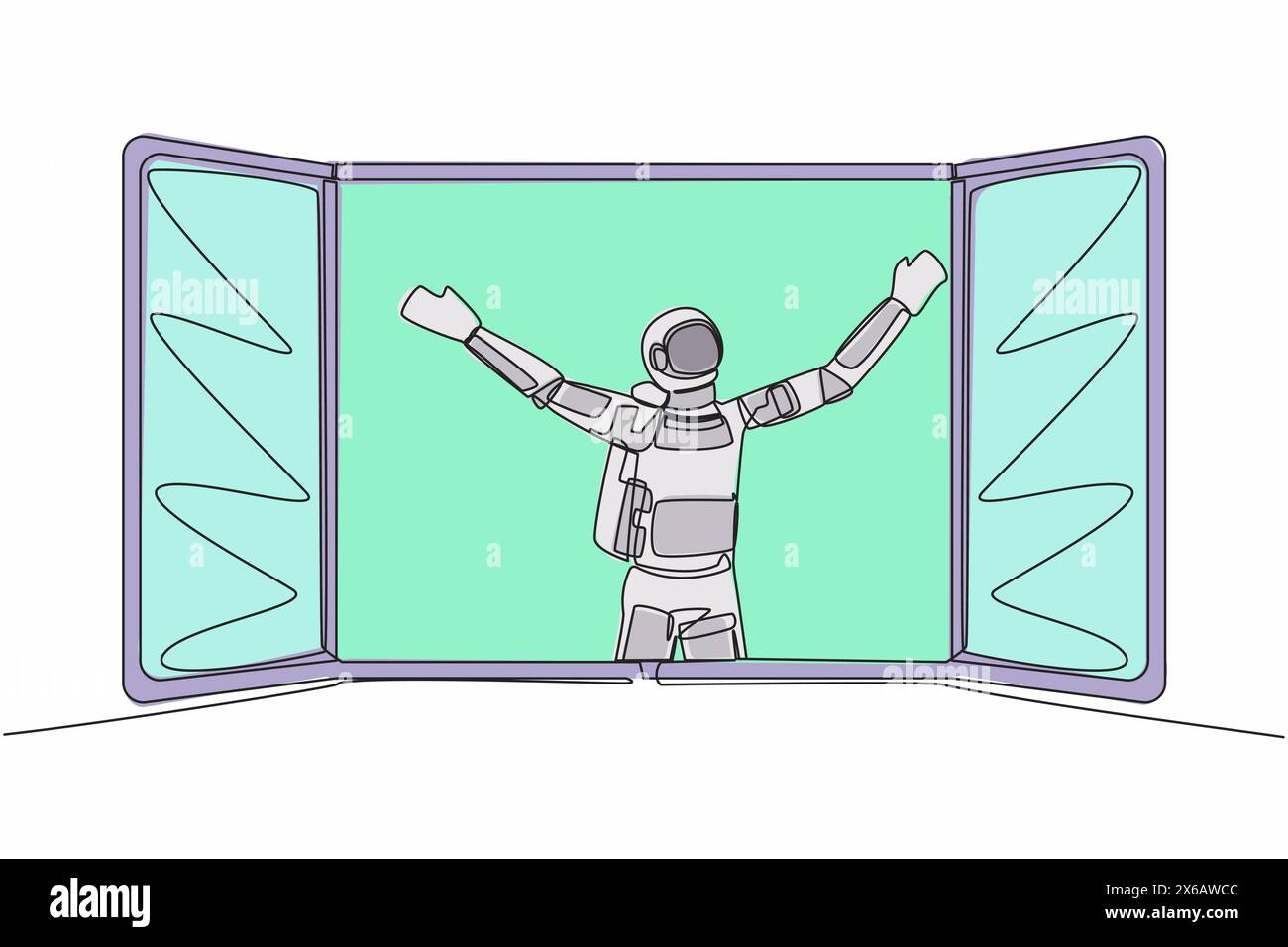 Dessin continu d'une ligne de jeune astronaute regardant par la fenêtre rencontrer le nouveau jour respirer l'air frais dans la surface de la lune. Cosmonaute concept de l'espace extra-atmosphérique. Si Illustration de Vecteur