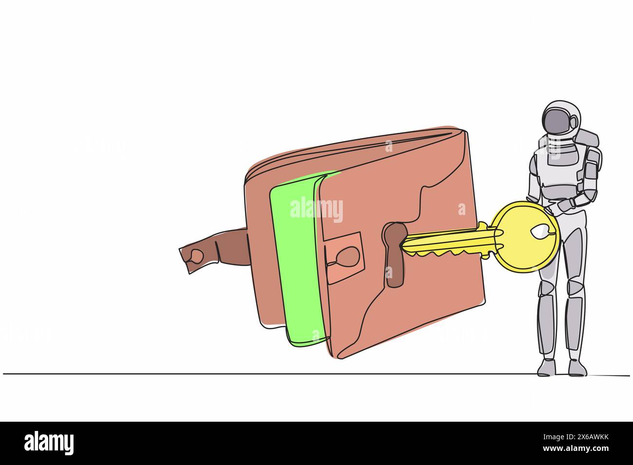 Dessin continu d'une ligne de l'astronaute mettre la clé dans le portefeuille. Protection monétaire et sécurité financière pour le lancement sécurisé de vaisseaux spatiaux. Cosmonaute extérieur Illustration de Vecteur