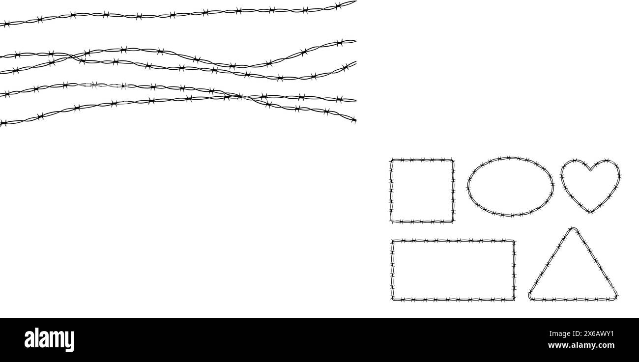 Set Wire Barb Heart, ovale, cadres rectangulaires y2k bordure de tatouage gothique Spiky punk imprimé isolé sur fond blanc. Formes de limite d'emo barbwire. Illustration vectorielle Illustration de Vecteur