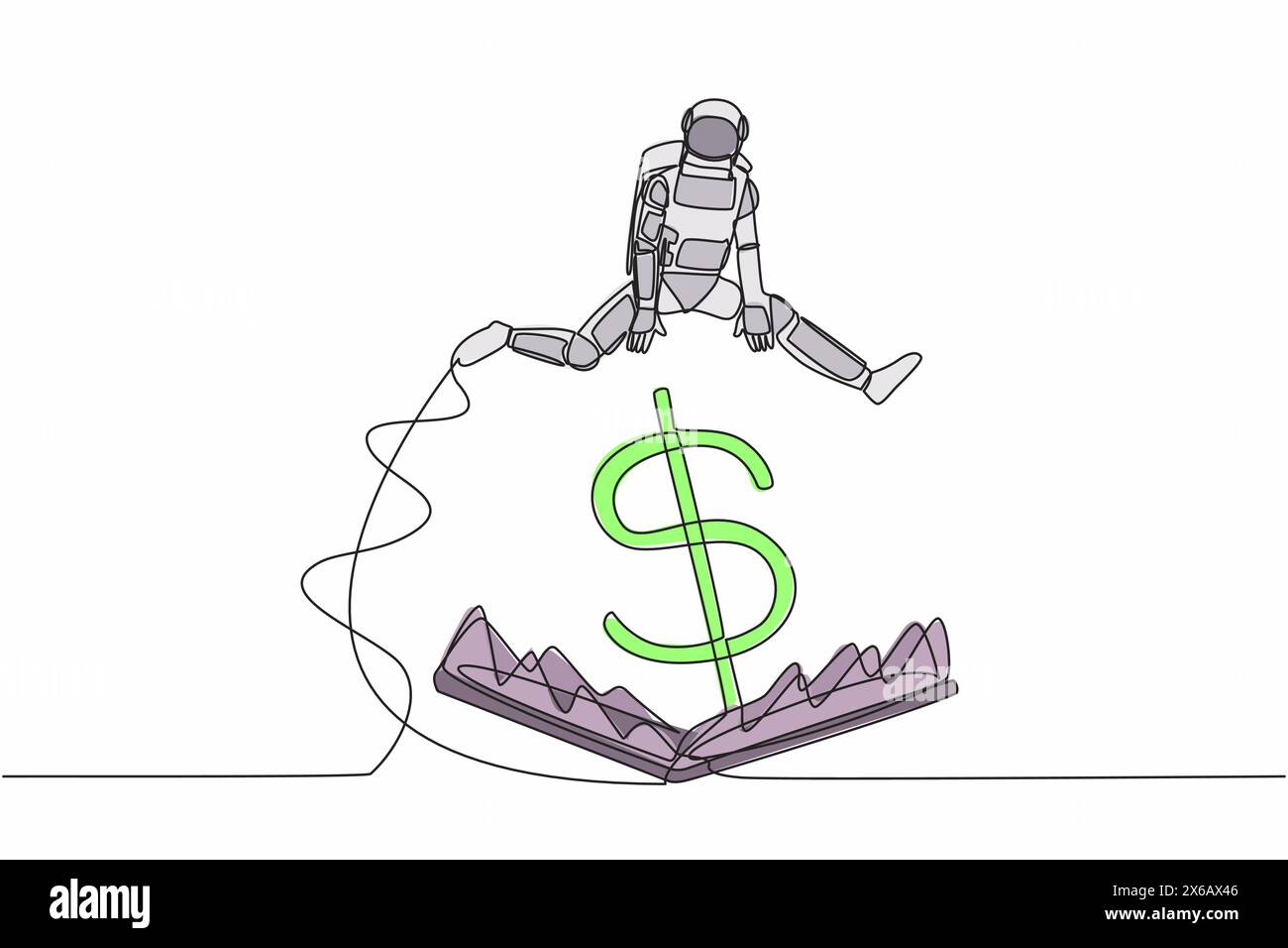 Simple une ligne dessinant astronaute sautant au-dessus de l'écueil de l'argent avec le symbole de gros dollar d'argent. Piège financier dans le secteur des vaisseaux spatiaux. Espace galaxique cosmique. Illustration de Vecteur