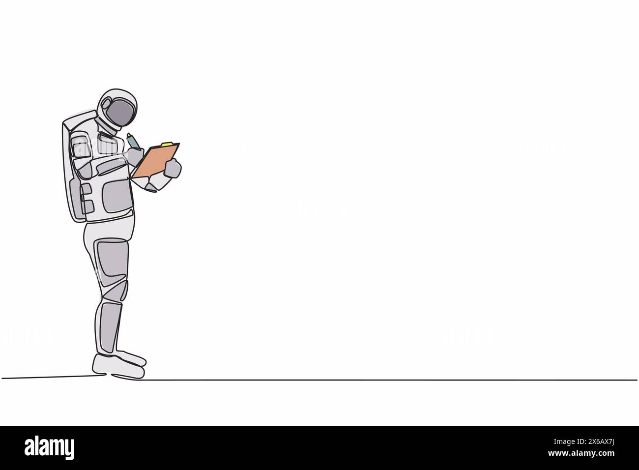 Une seule ligne dessinant un jeune astronaute debout et écrivant sur le presse-papiers. Développement futur de la technologie des vaisseaux spatiaux. Concept d'espace de galaxie cosmique. Conti Illustration de Vecteur