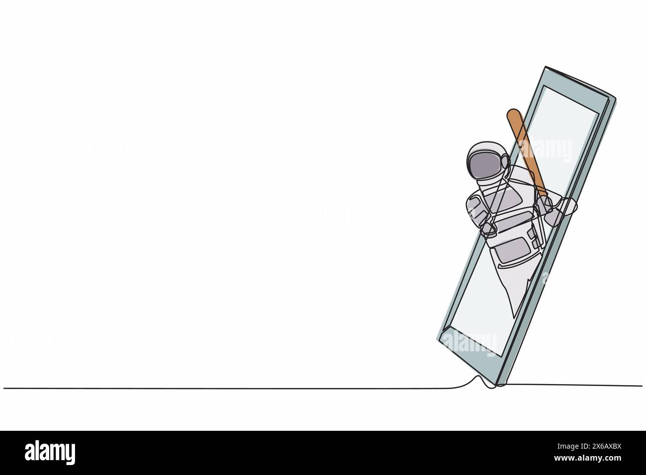 Continu une ligne dessinant astronaute joueur de baseball prêt à frapper la balle en sortant de l'écran du smartphone. Matchs de sport mobiles. Cosmonaute ou Illustration de Vecteur