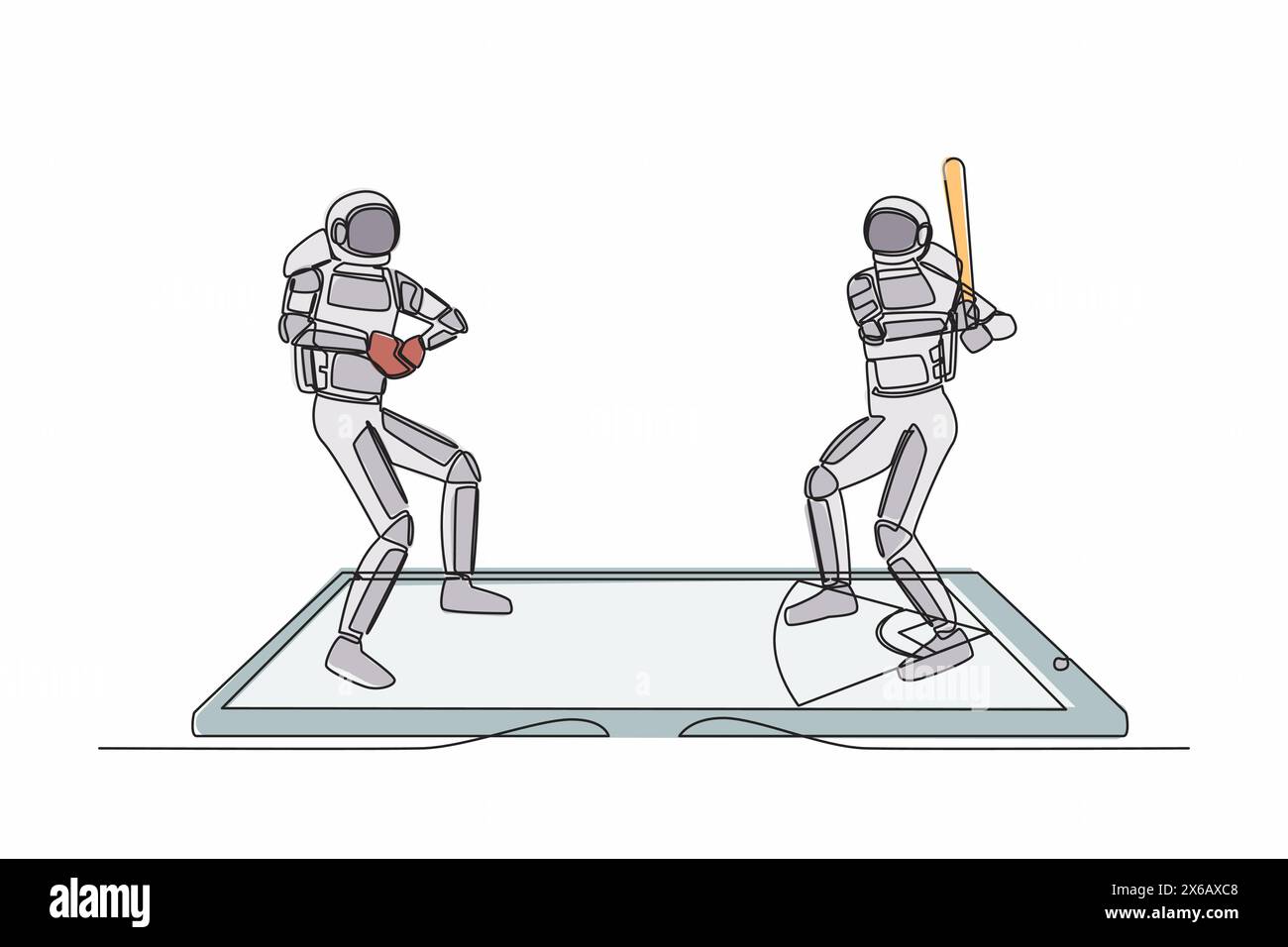 Simple une ligne dessinant le terrain de baseball avec deux joueurs astronautes sur l'écran de smartphone. Jeux de baseball en ligne. Applications pour smartphone. Galaxie cosmique Illustration de Vecteur