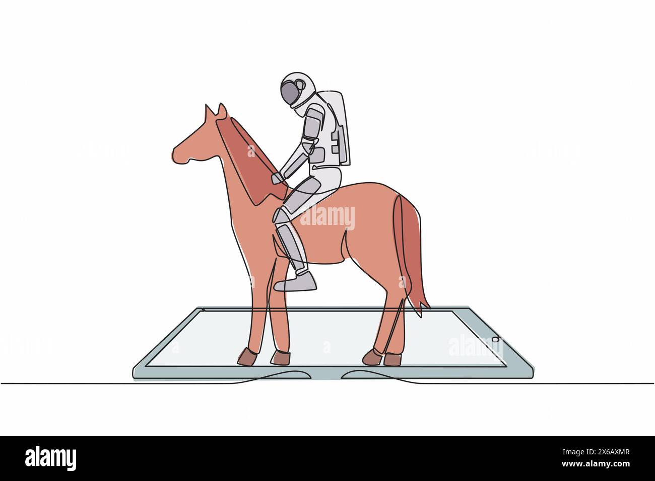 Continu une ligne dessinant jeune astronaute à cheval sur l'écran du smartphone. Cheval de course avec jockey. Sport équestre en ligne. Cosmonaute externe spac Illustration de Vecteur