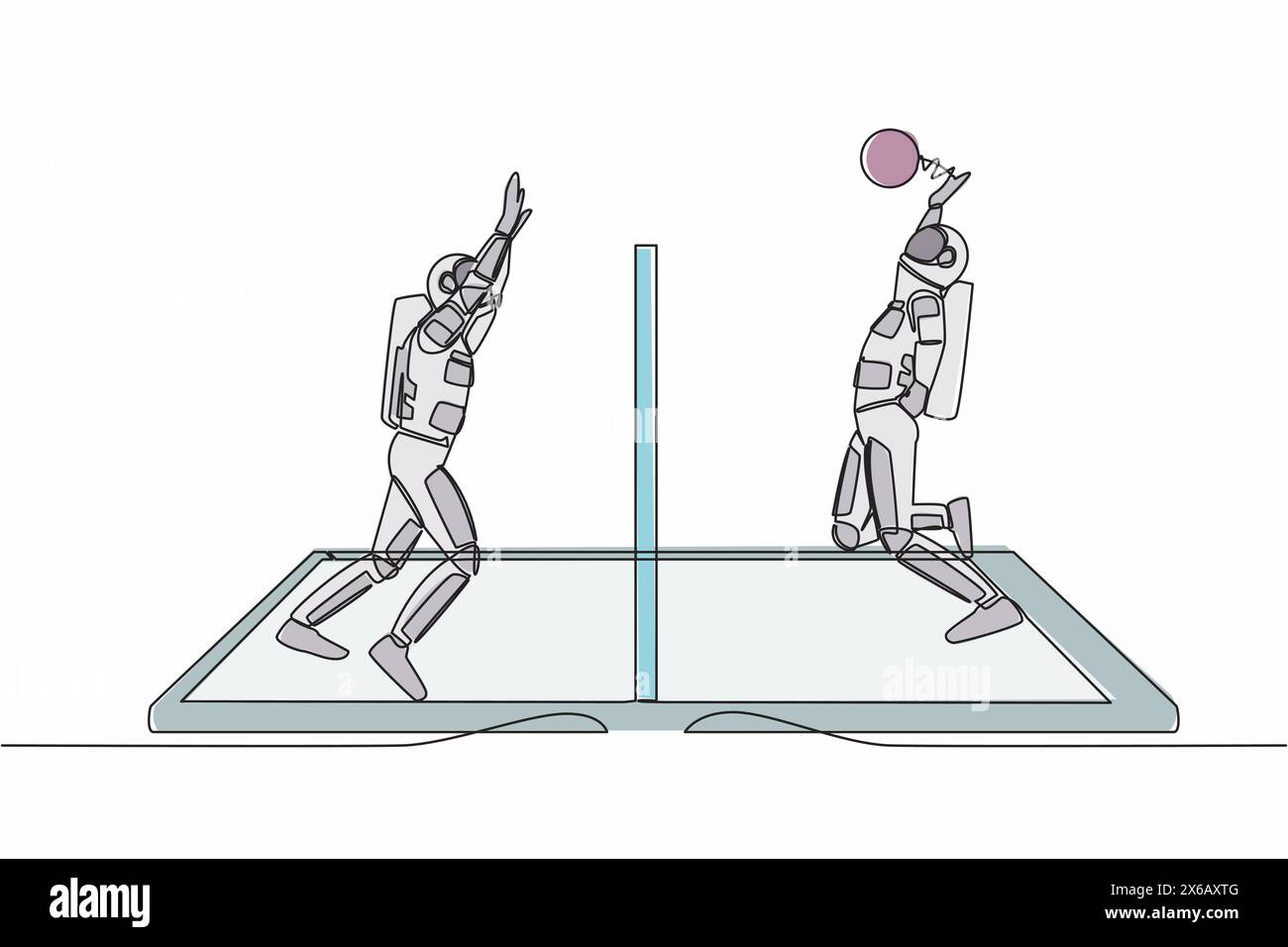 Simple ligne continue dessinant un terrain de volley-ball avec deux joueurs astronautes sur l'écran du smartphone. Joueurs de volley-ball pendant le match, application mobile. Cosmonau Illustration de Vecteur