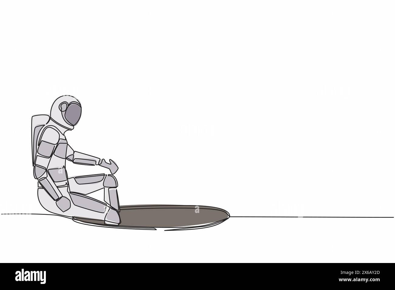 Une ligne continue dessinant l'astronaute descend dans le trou. Incapacité à tirer parti des opportunités commerciales des vaisseaux spatiaux. Cosmonaute de l'espace extra-atmosphérique. Si Illustration de Vecteur