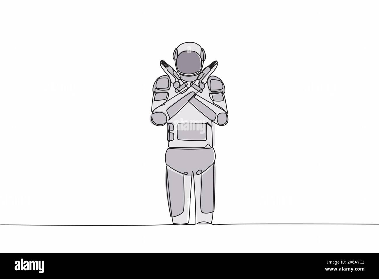 Ligne continue unique dessinant le jeune astronaute debout avec les bras croisés et faisant la forme de X, signe d'arrêt avec les mains. Cosmonaute concept d'espace profond. DYN Illustration de Vecteur