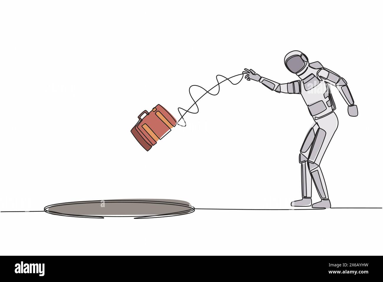 Un seul trait dessinant un jeune astronaute jette une mallette dans le trou. Incapacité à tirer parti des opportunités commerciales dans le domaine spatial. Espace galaxique cosmique. Co Illustration de Vecteur