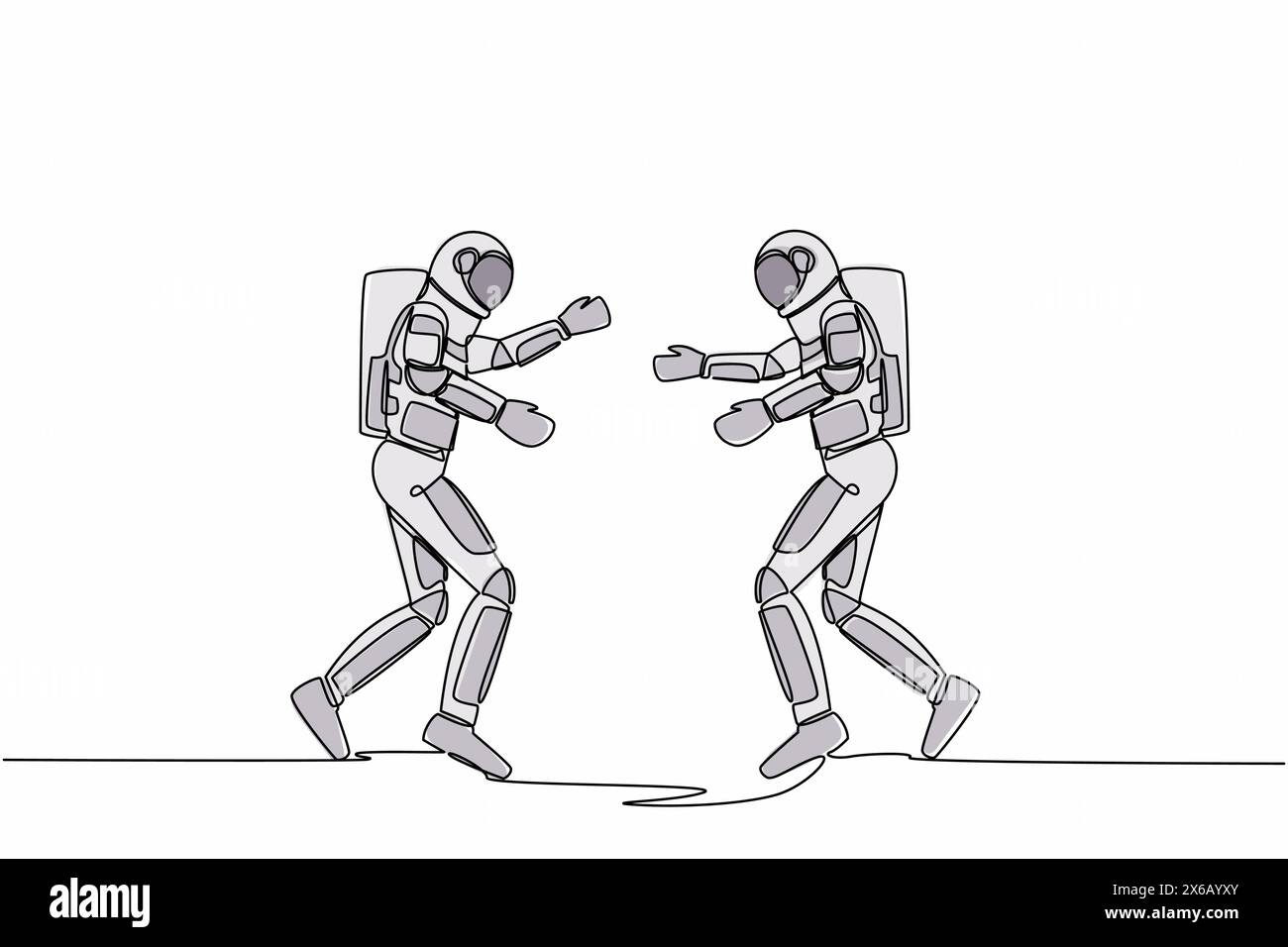 Simple une ligne dessinant deux jeunes astronautes courant face à face tout en se préparant à s'embrasser. Brisez un bonheur entre deux amis. Galaxie cosmique spac Illustration de Vecteur