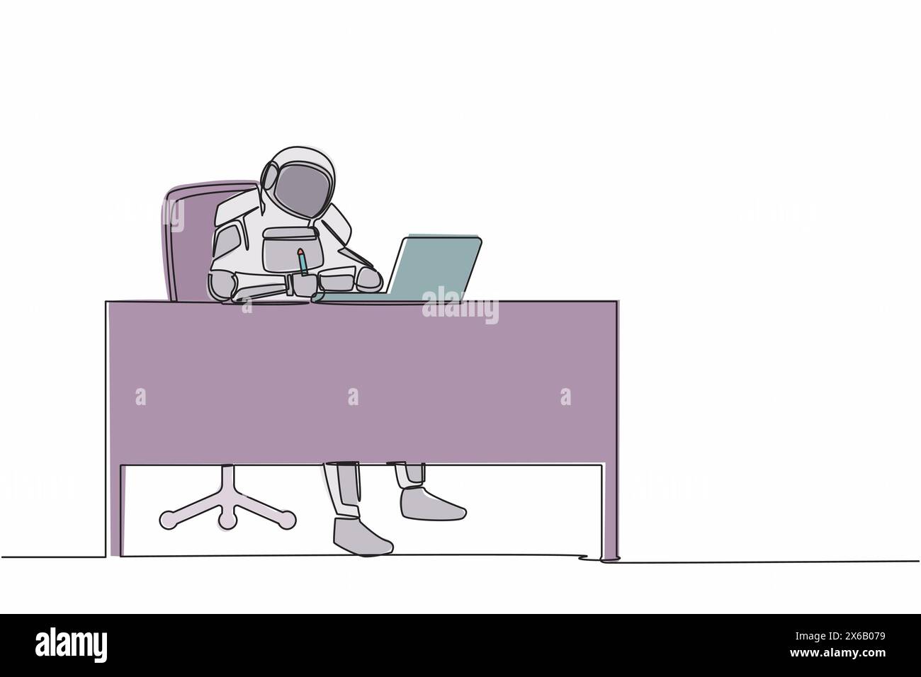 Continu d'une ligne dessinant astronaute écrivant et assis devant l'ordinateur portable au bureau de travail. Planification de l'expédition de vaisseaux spatiaux. Cosmonaute de l'espace extra-atmosphérique Illustration de Vecteur