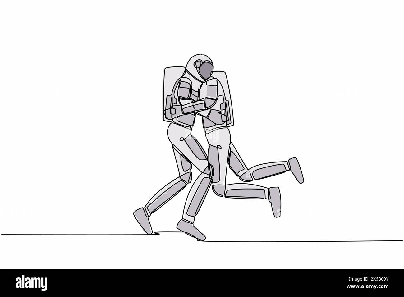Une ligne continue dessinant un jeune astronaute saute et embrasse son ami. Bonheur entre deux amis. Retrouvailles après des années d'écart. Cosmonaute de l'espace extra-atmosphérique Illustration de Vecteur