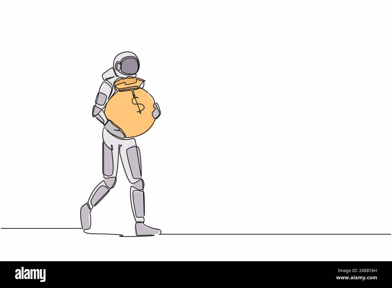 Simple dessin d'une ligne d'astronaute marchant et transportant un lourd sac d'argent. Financement du développement futur des technologies spatiales. Espace galaxique cosmique. Conti Illustration de Vecteur