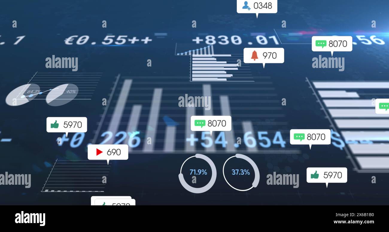 Image d'icônes de médias sociaux flottant au-dessus du traitement des données statistiques sur fond bleu Banque D'Images