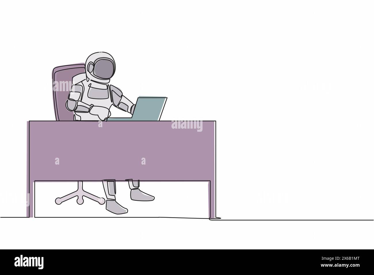 Ligne continue dessinant l'astronaute tapant et envoyant des messages au bureau de travail. Recherche sur les préparatifs pour le lancement d'engins spatiaux. Cosmonaute extérieur Illustration de Vecteur
