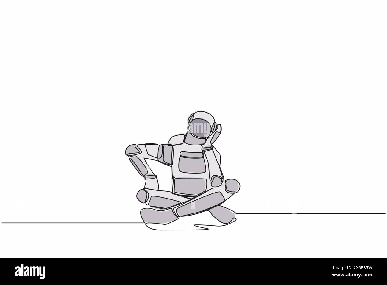 Continu une ligne dessinant jeune astronaute assis avec le soutien de sa tête et confus parce que entrer dans l'espace problème de l'expédition. Cosmonaute externe spac Illustration de Vecteur