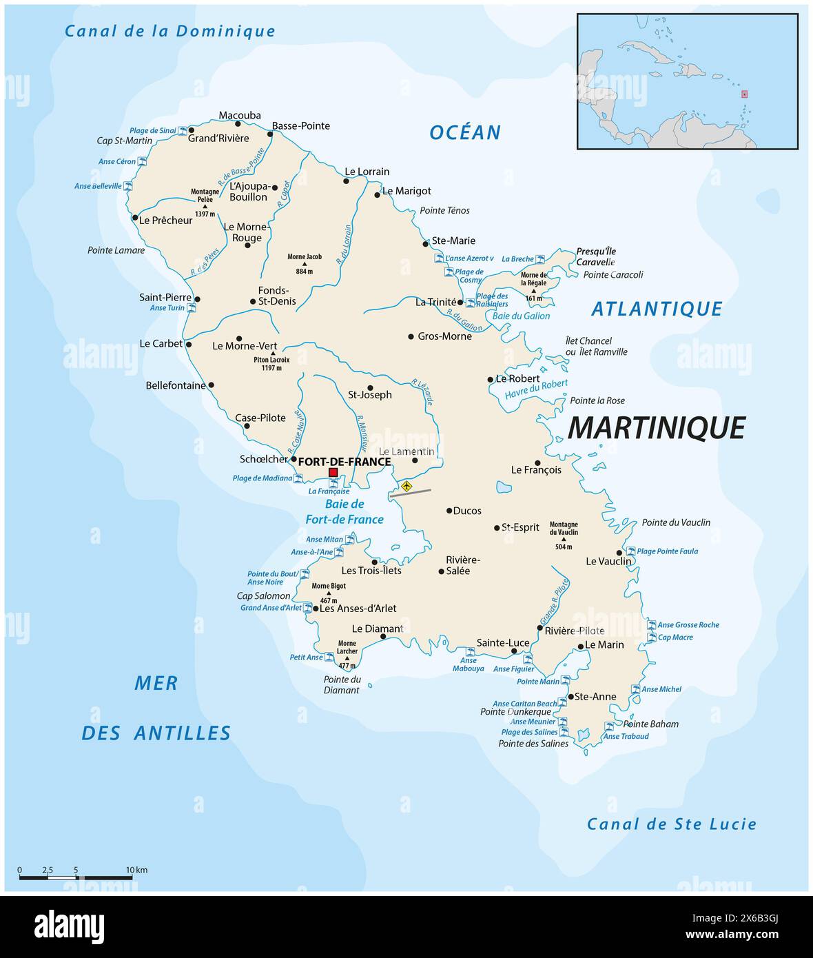 Carte vectorielle de l'île caribéenne de Martinique, France Banque D'Images