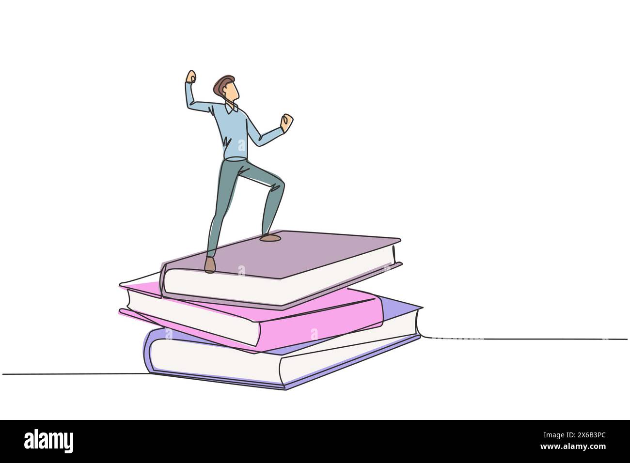 Dessin de ligne continue unique de jeune homme d'affaires debout sur des piles de livres géants poing les mains vers le haut. La lecture améliore ses compétences dans le monde des affaires à Illustration de Vecteur