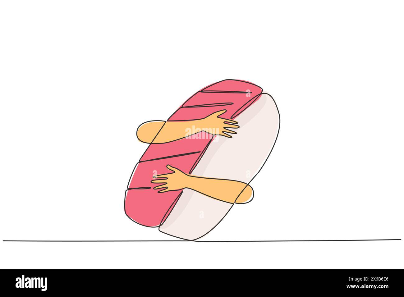 Dessin simple d'une ligne de mains humaines serrant des sushis. C'est la Journée internationale du Sushi. Commémoré chaque 18 juin chaque année. Cuisine japonaise mondialement connue. Illustration de Vecteur