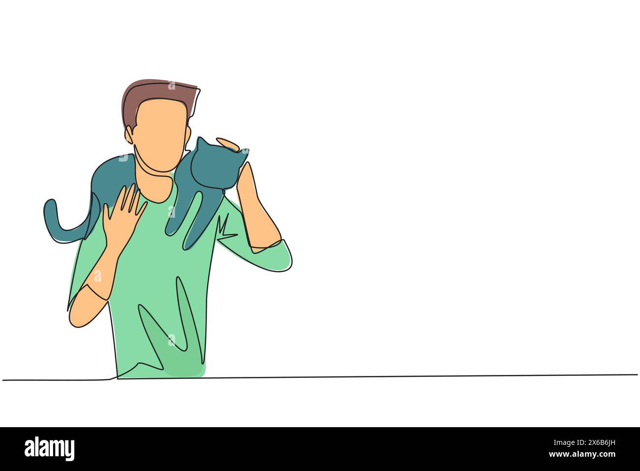 Dessin continu d'une ligne de jeune homme énergique embrassant et portant le chat bien-aimé sur son épaule. Heureux jeune homme jouant avec son chat bien-aimé. ANI Illustration de Vecteur