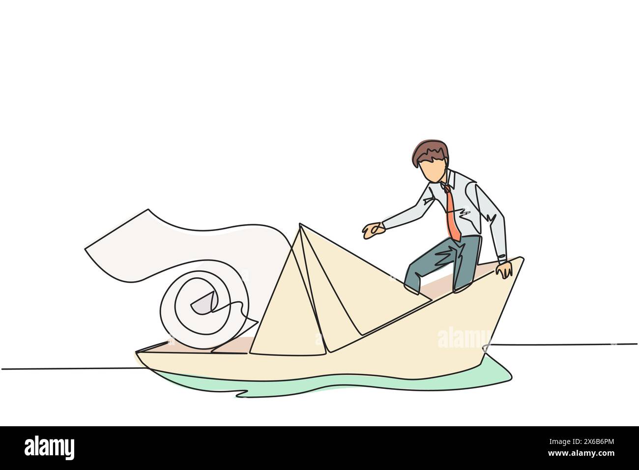 Simple dessin de ligne continue d'homme d'affaires embarqué à bord d'un bateau de papier chargé de rouleaux de billets de papier et presque noyé. Dépenser plus que des revenus. LAR Illustration de Vecteur