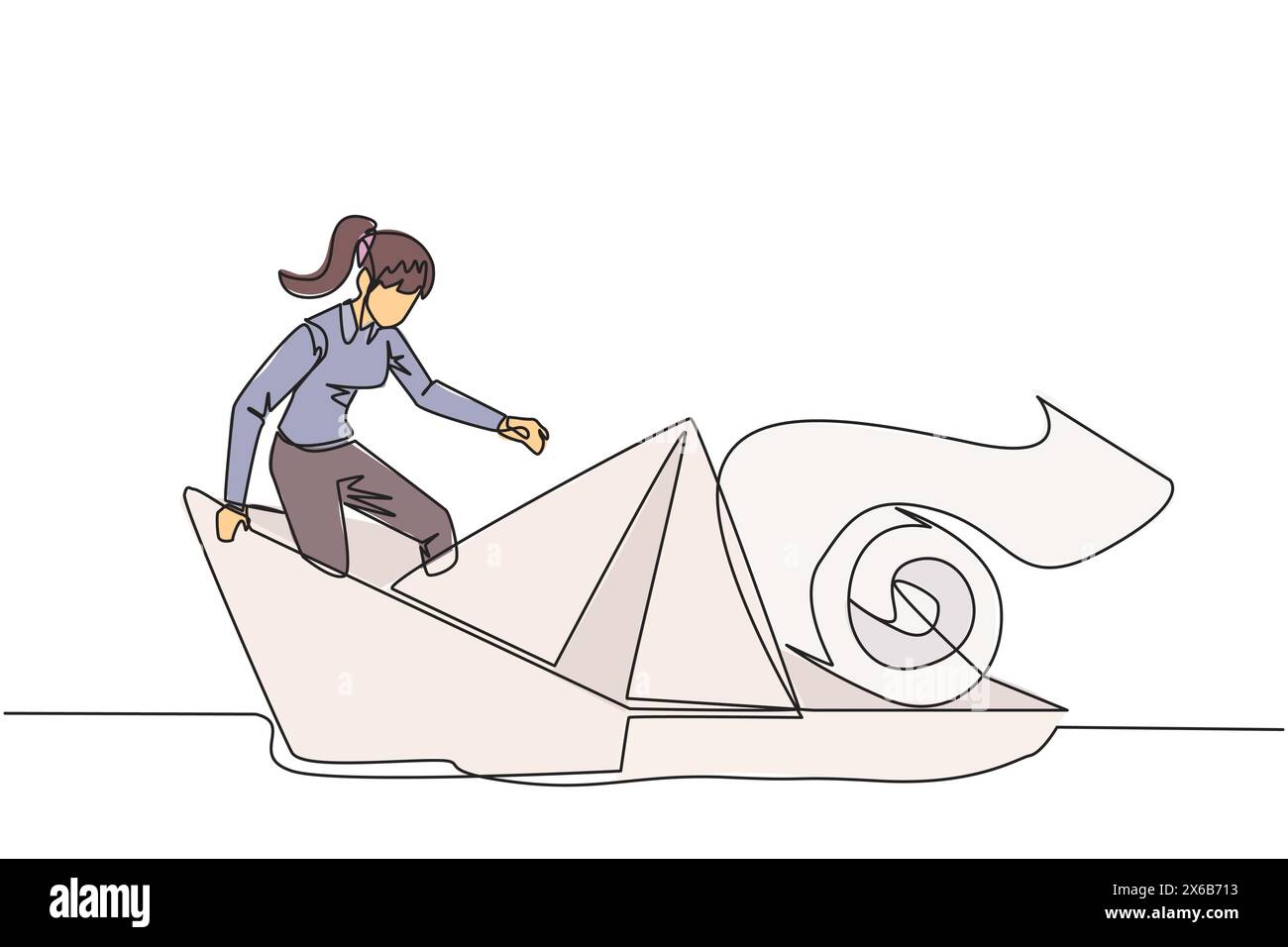 Une femme d'affaires dessinant une ligne continue est montée à bord d'un bateau de papier chargé de rouleaux de billets de papier et s'est presque noyée. Dépenser plus que des revenus. Grand p Illustration de Vecteur