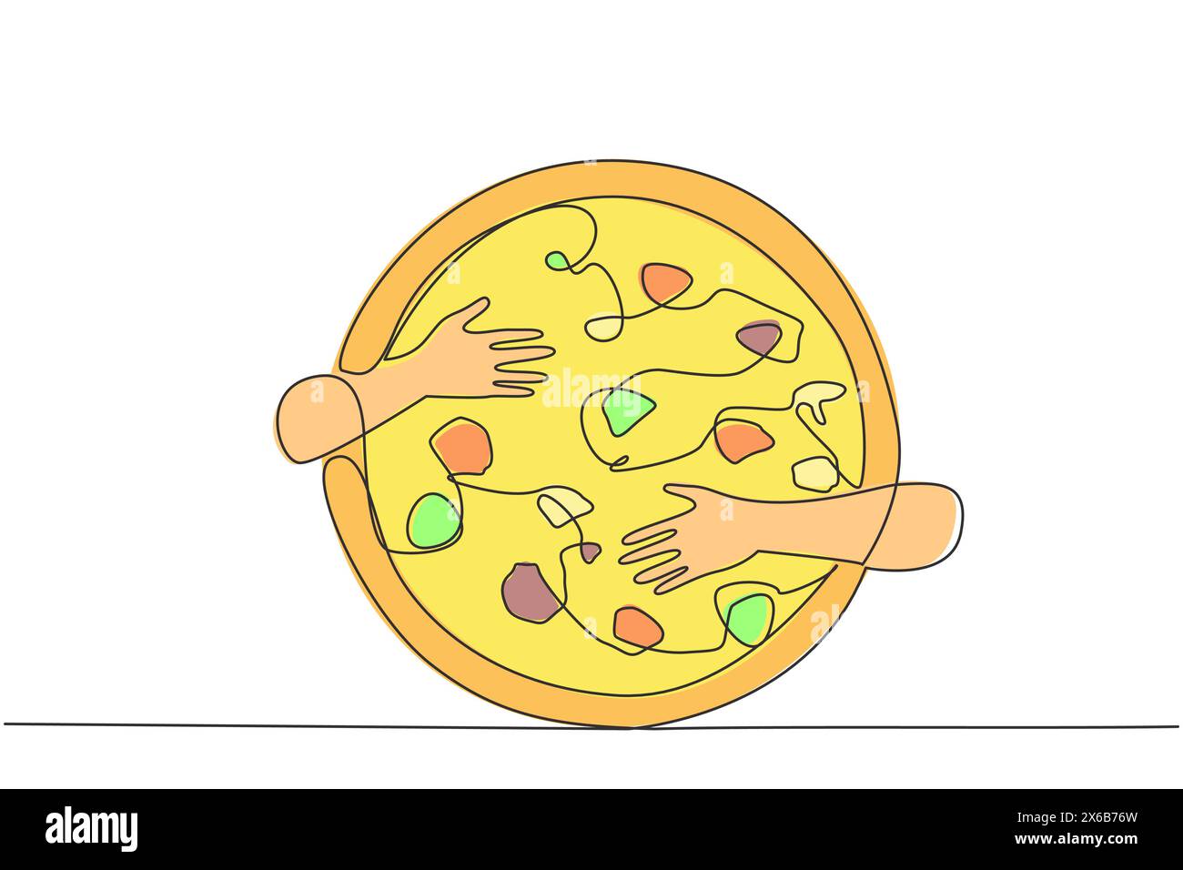 Dessin continu d'une ligne de mains serrant une pizza. Culinaire d'Italie qui est maintenant connu dans le monde entier. Nourriture typique sous la forme de circulaire Illustration de Vecteur