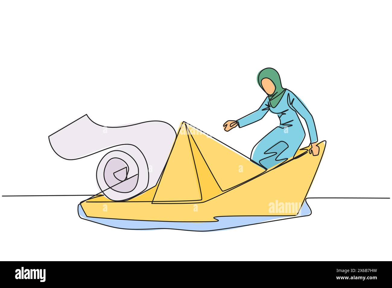 Une seule ligne continue dessinant une femme d'affaires arabe est montée à bord d'un bateau de papier chargé de rouleaux de billets de papier et s'est presque noyée. Dépenser plus qu'inco Illustration de Vecteur