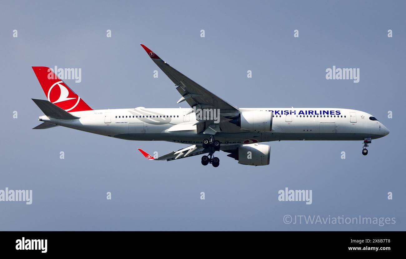 Un Airbus A350-941 de Turkish Airlines, immatriculé TC-LGG, atterrit à l'aéroport de Londres Heathrow en provenance d'Istanbul. Crédit JTW Aviation images / Alamy. Banque D'Images