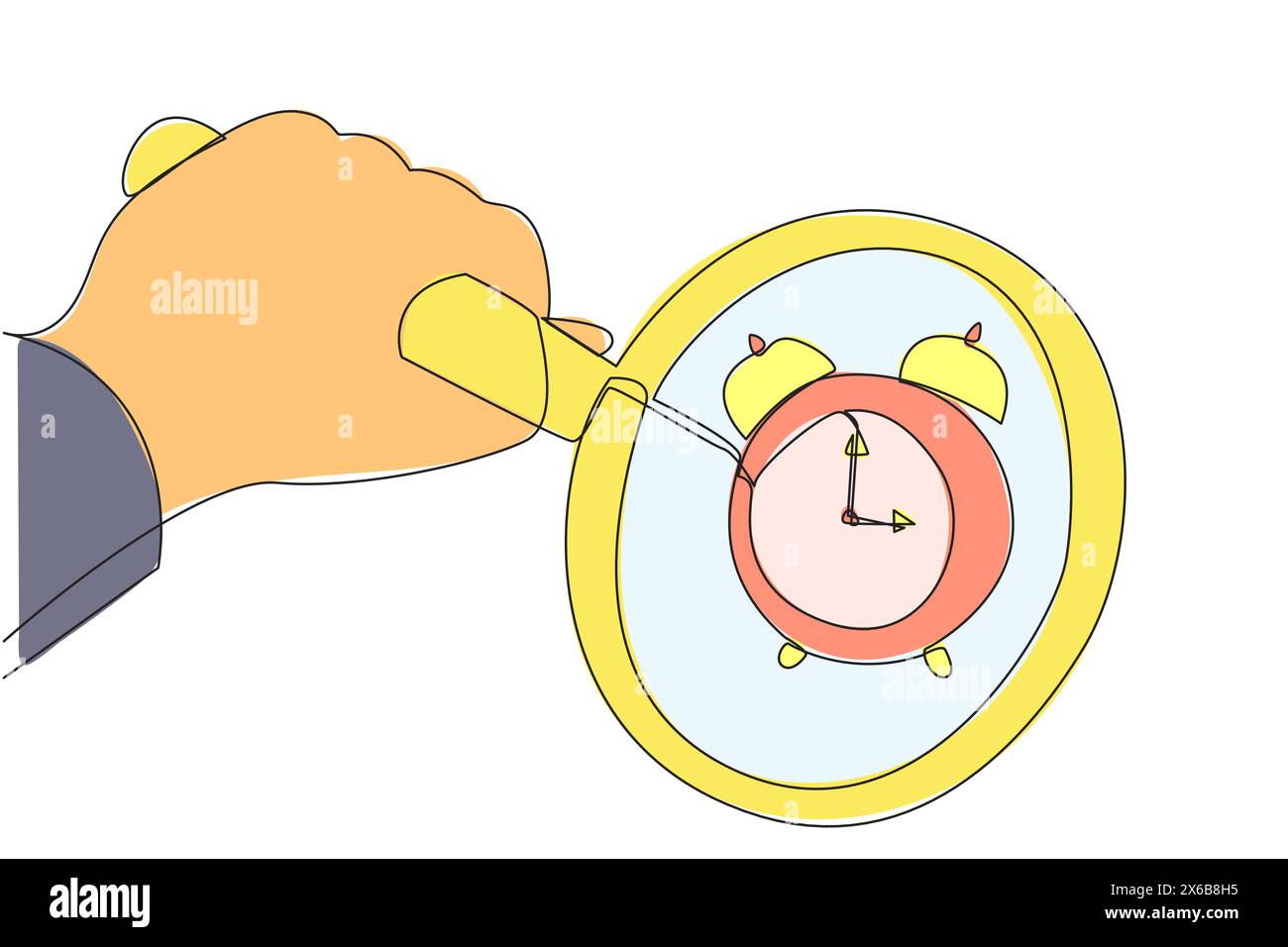 Un seul dessin d'une ligne la grande main tenant la loupe met en évidence le réveil. Outil pour les rappels. Équilibre entre le temps de travail et la vie. Heure Illustration de Vecteur