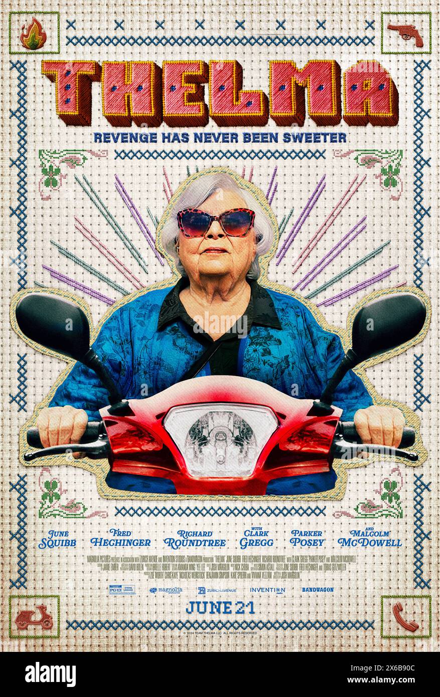 Thelma (2024) réalisé par Josh Margolin et mettant en vedette June Squibb, Fred Hechinger et Richard Roundtree. Lorsque Thelma Post, 93 ans, est dupée par un escroc du téléphone prétendant être son petit-fils, elle se lance dans une quête perfide à travers la ville pour récupérer ce qui lui a été enlevé. Affiche US d'une feuille.***USAGE ÉDITORIAL SEULEMENT*** crédit : BFA / Magnolia Pictures Banque D'Images