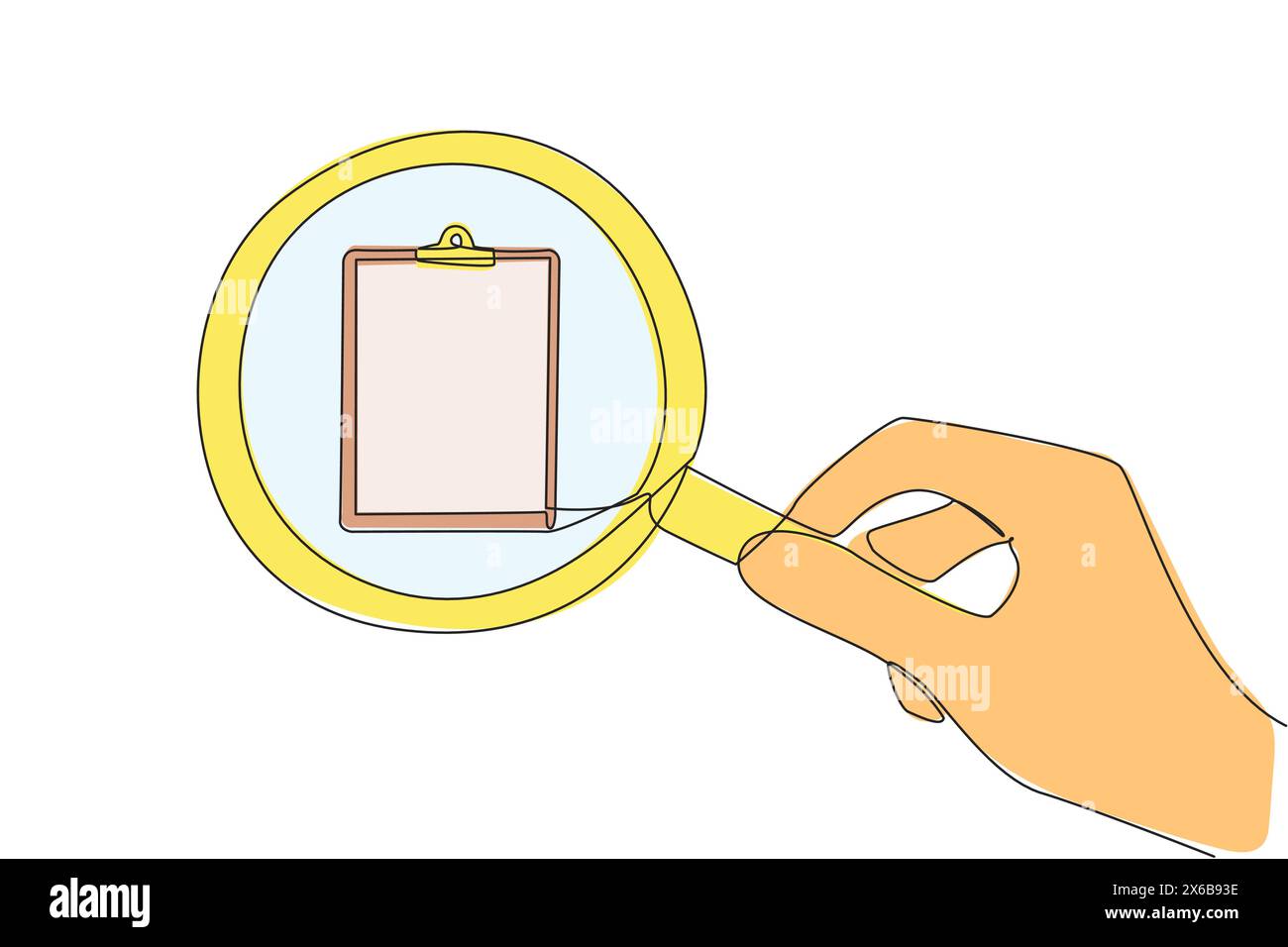 Une seule ligne dessinant une grande main tenant la loupe met en évidence le presse-papiers. Mise en surbrillance pour planifier. Vérifiez le travail afin que les voyages d'affaires ne soient pas interru Illustration de Vecteur