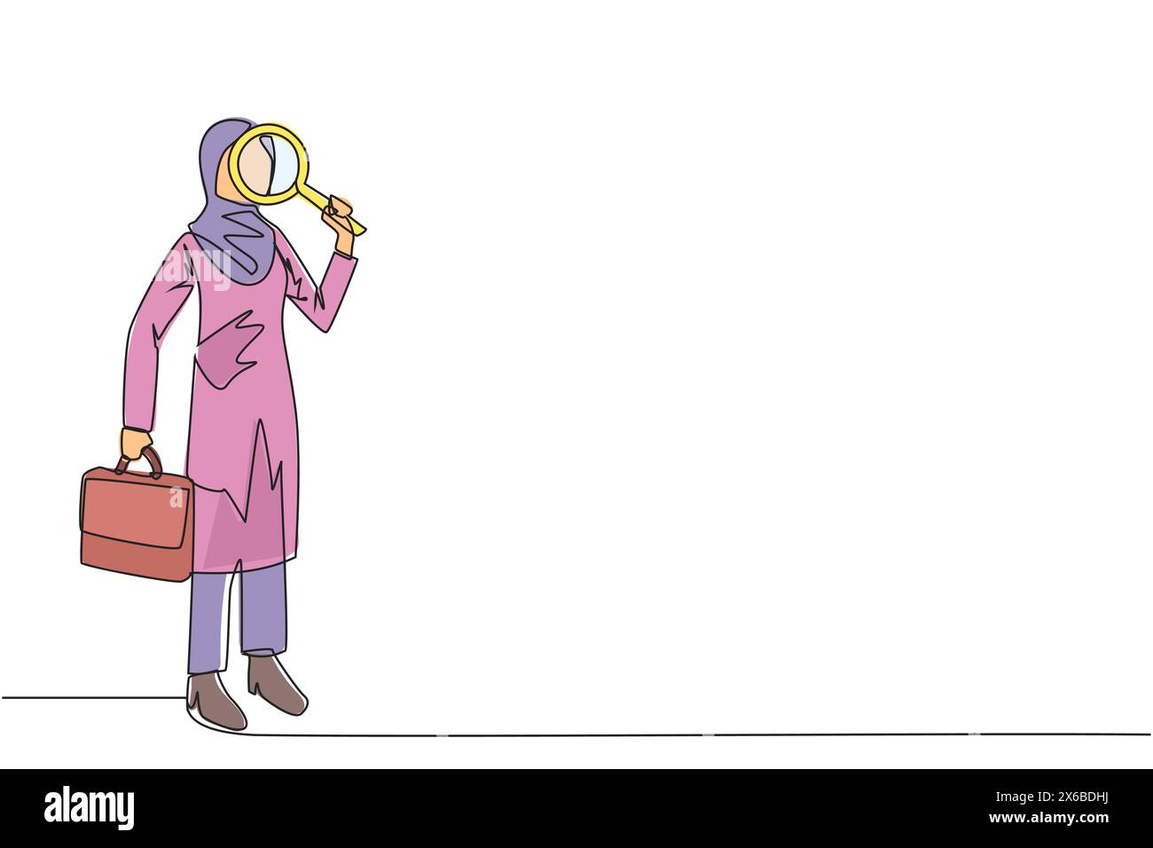 Une seule ligne continue dessinant une femme d'affaires arabe se tenait debout tenant une loupe et l'autre tenant une mallette. Recherchez les plus petites opportunités possibles Illustration de Vecteur