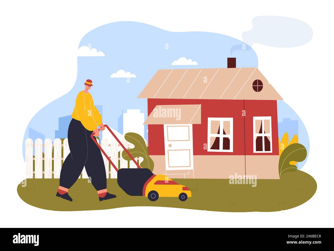 Homme jardinier fauchant la tondeuse à gazon. Homme de dessin animé coupant l'herbe sur l'arrière-cour de la maison avec l'équipement. Entretien du jardin Illustration de Vecteur