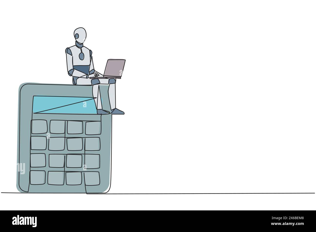 Dessin continu d'une ligne d'intelligence artificielle robotique assis sur une calculatrice géante tapant sur un ordinateur portable. Un robot moderne analyse les finances. Electron Illustration de Vecteur