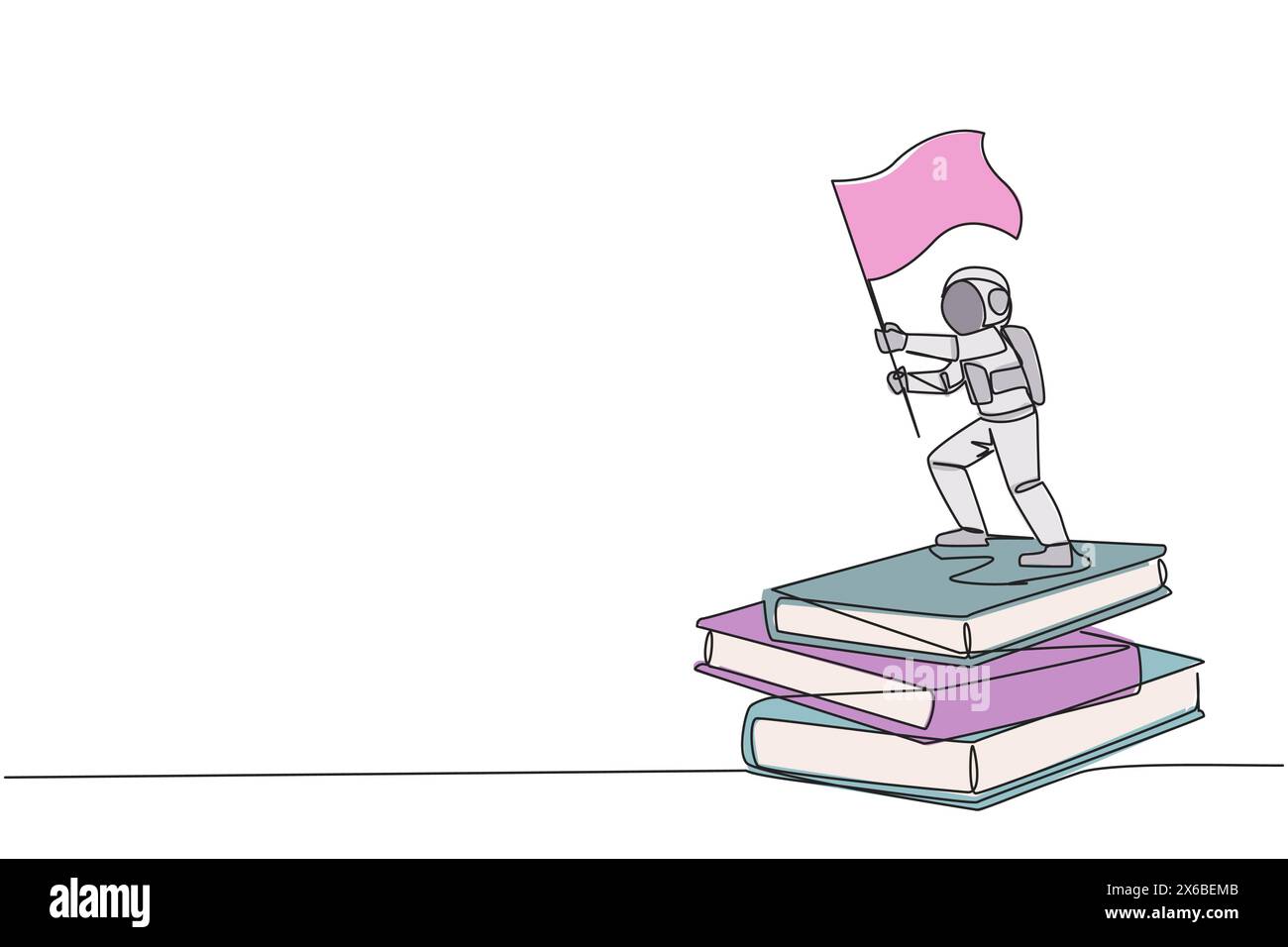 Une ligne continue dessinant un jeune astronaute debout sur une pile de livres géants tenant un drapeau flottant. Recueillir des revues scientifiques comme guide pendant sp Illustration de Vecteur