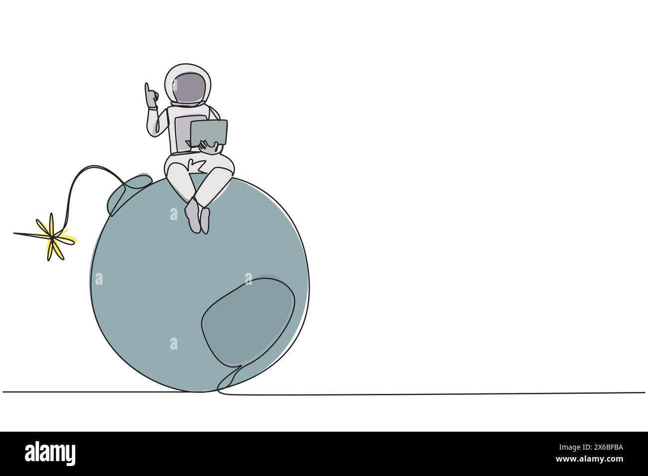 Une seule ligne continue dessinant un jeune astronaute assis sur une grosse bombe avec un fusible brûlant tenant l'ordinateur portable levez une main. Les expéditions téméraires compromettent Illustration de Vecteur