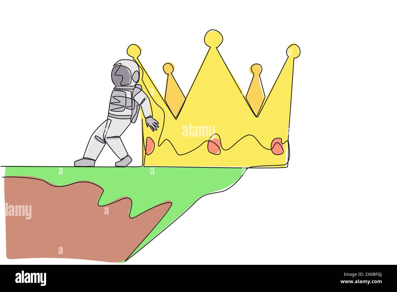 Simple dessin d'une ligne astronaute a poussé la couronne géante vers le bas avec son dos du bord de la falaise. Réalisation d'une expédition réussie sans c Illustration de Vecteur