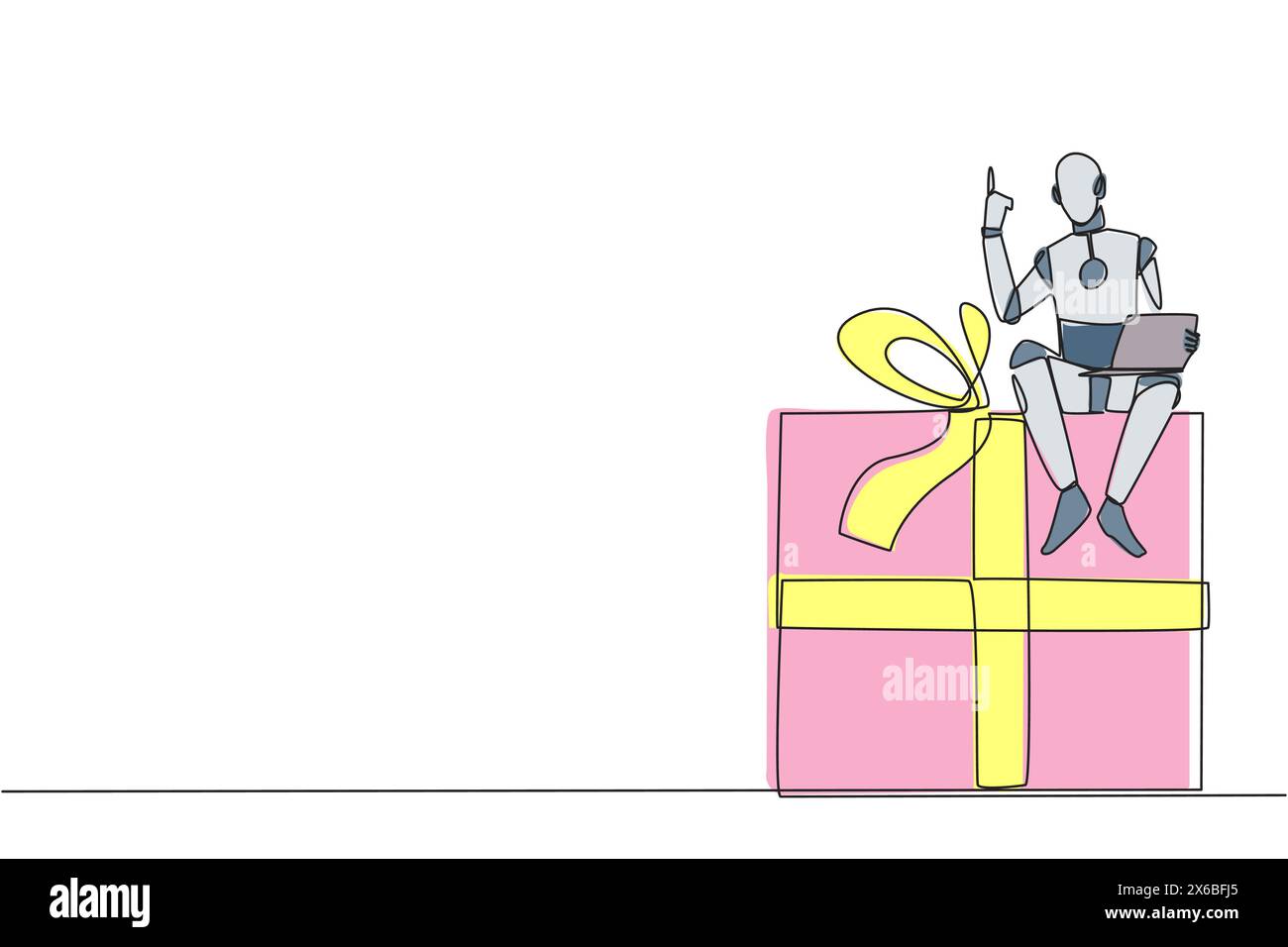 Une seule ligne dessinant l'intelligence artificielle robotique assis sur la boîte-cadeau géante tenant l'ordinateur portable levez une main. Les robots comme les humains. Aime donner gif Illustration de Vecteur