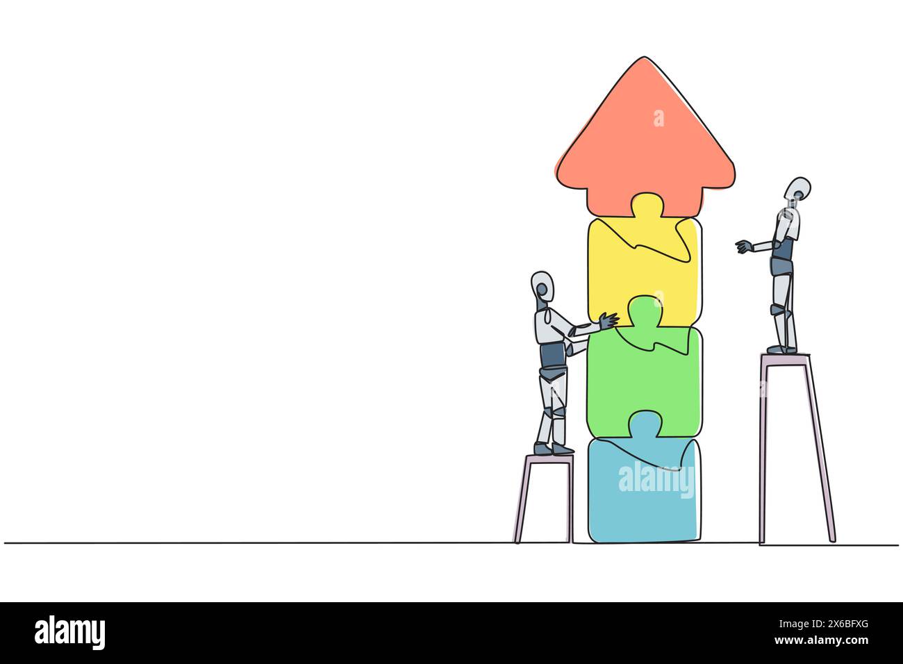 Ligne continue unique dessinant deux robots faisant le travail d'équipe ensemble. Grimpant les escaliers, les deux ont assemblé un puzzle pour former une flèche vers le haut. Artificiel Illustration de Vecteur