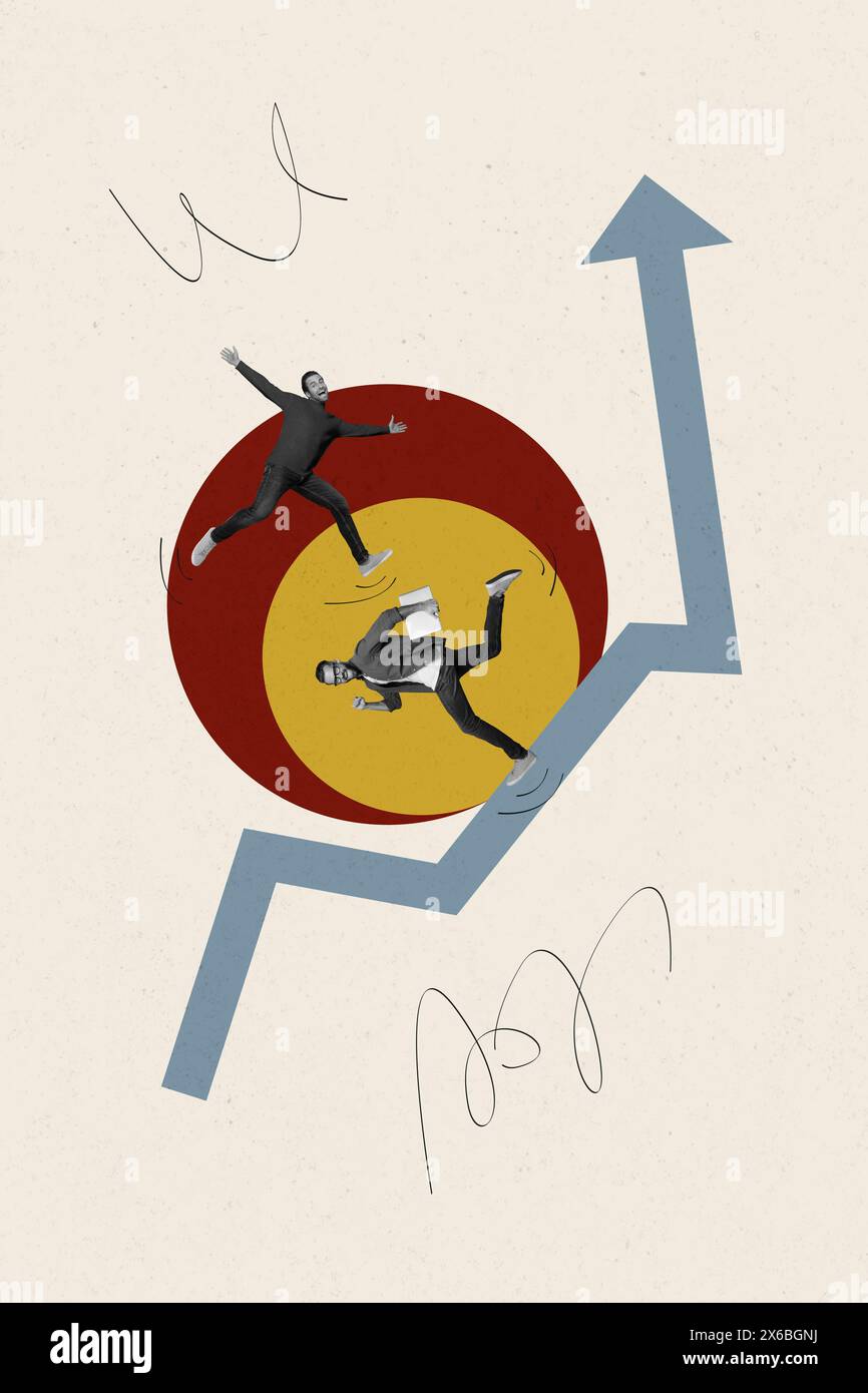 Image d'image de collage composite verticale de deux mini gars flèche vers le haut isolé sur fond créatif Banque D'Images