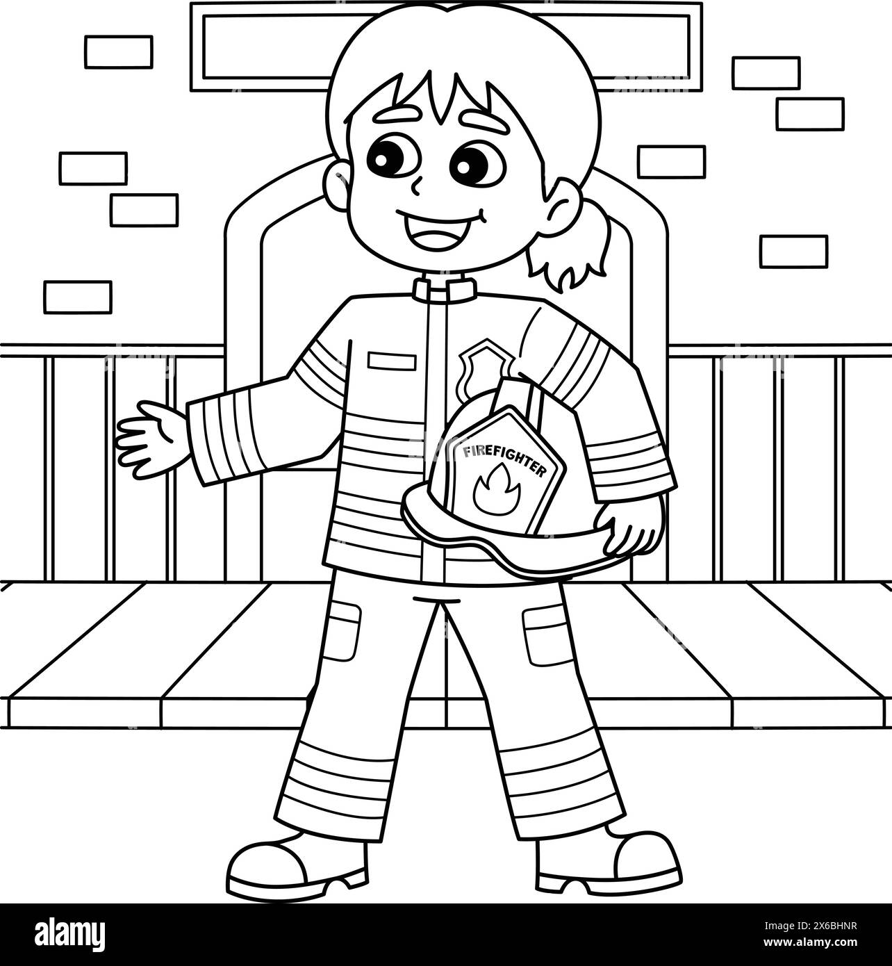 Page de coloriage de pompier féminin pour les enfants Illustration de Vecteur