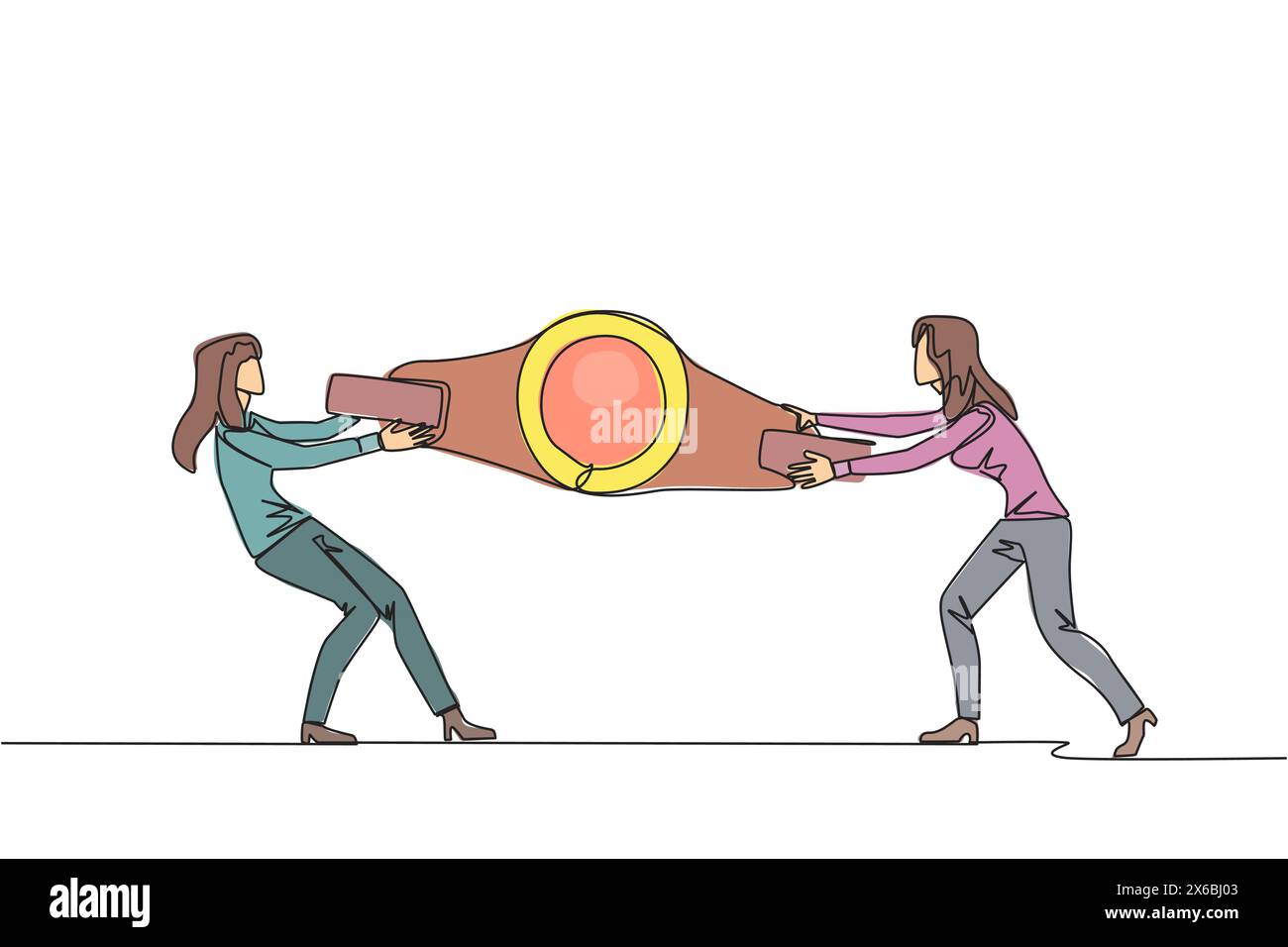 Simple une ligne dessinant deux femmes d'affaires émotionnelles se battant sur la ceinture de boxe. Battez-vous pour être la plus grande et la plus forte femme d'affaires. Batte de femme d'affaires Illustration de Vecteur