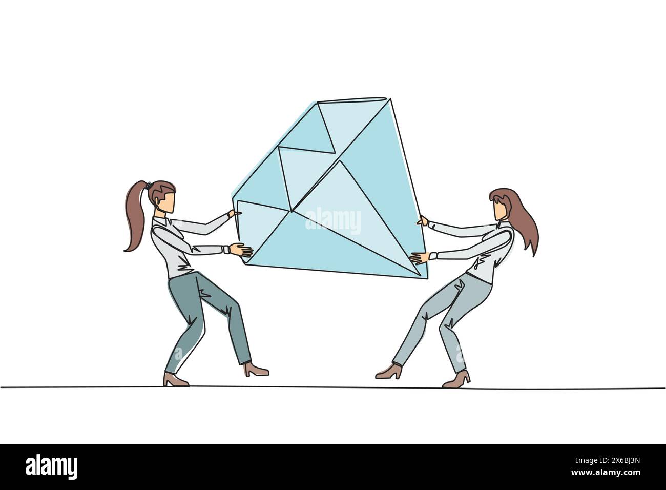 Continue d'une ligne dessinant deux femmes d'affaires égoïstes se battant sur le gros diamant. Luttez pour les mines de diamants qui stimulent les profits pour les entrepreneurs. CON Illustration de Vecteur
