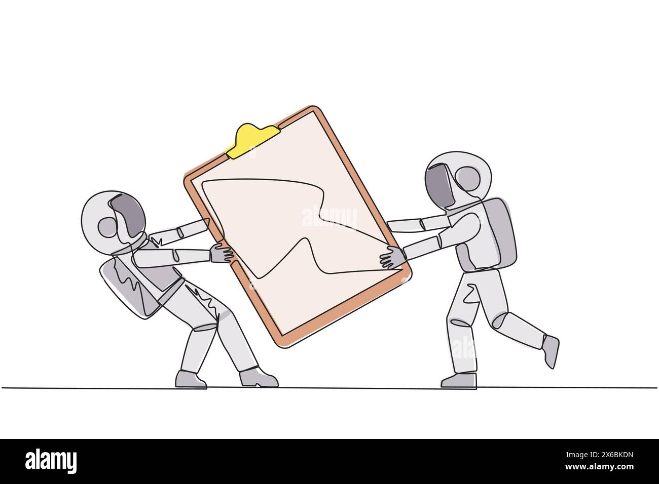 Une seule ligne continue dessinant deux astronautes en colère se battant sur le presse-papiers. Utile pour faciliter la vérification des rapports. Conflit astronaute. Aggress Illustration de Vecteur