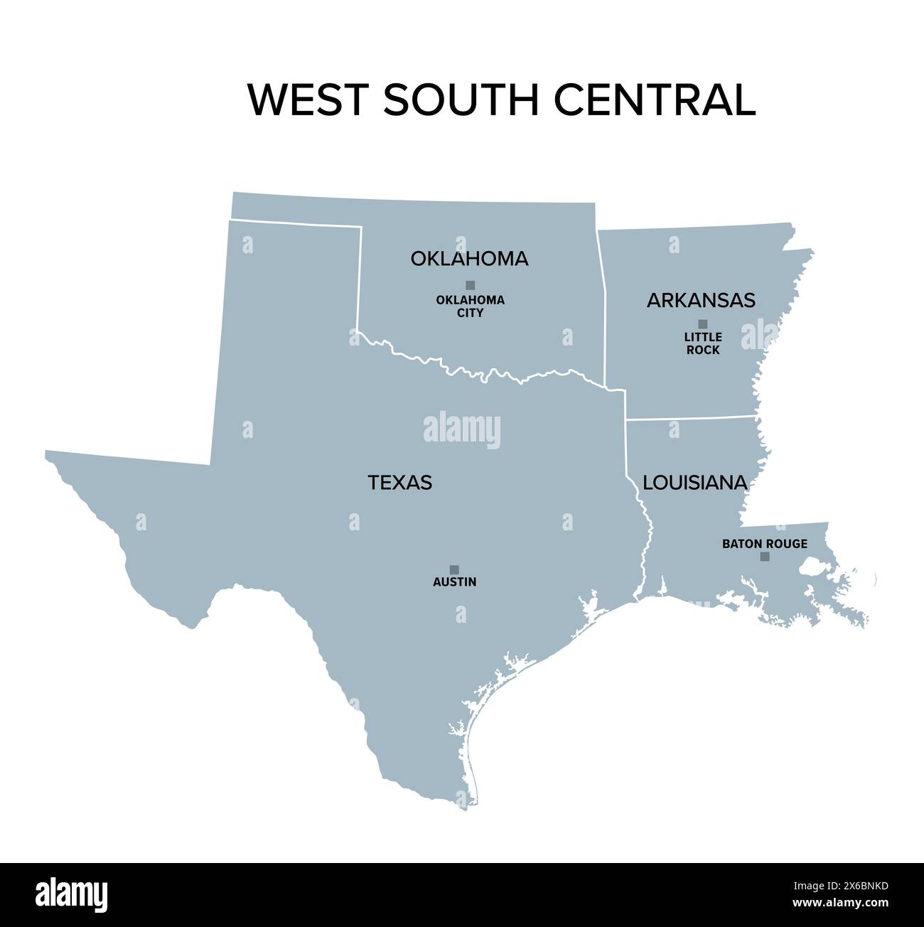 West South Central states, carte politique grise. Division de recensement des États-Unis de la région Sud. Banque D'Images