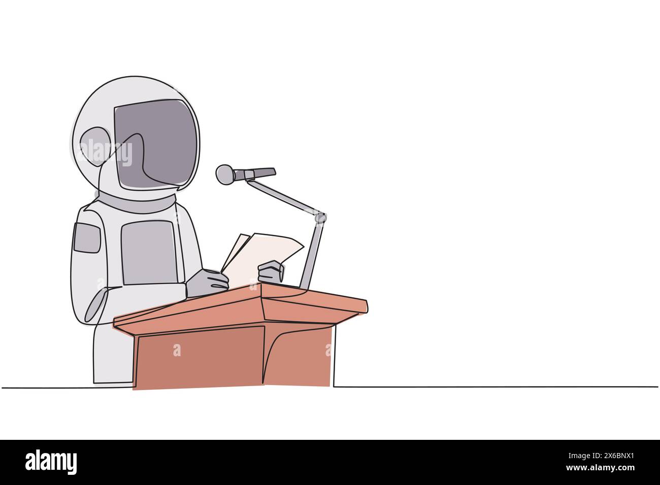 Simple dessin d'une ligne astronaute parlant sur le podium tenant un morceau de papier. Faites un discours de bienvenue. Astronaute a une nouvelle branche d'affaires. Orator. L Illustration de Vecteur