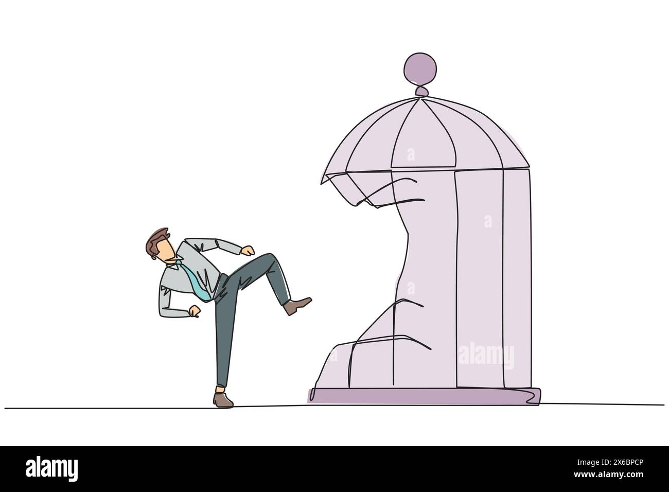Simple ligne continue dessinant taekwondo homme d'affaires détruire la cage avec le coup de pied. Les métaphores éliminent le piège de la zone de confort. Un entrepreneur de génie pour le Illustration de Vecteur