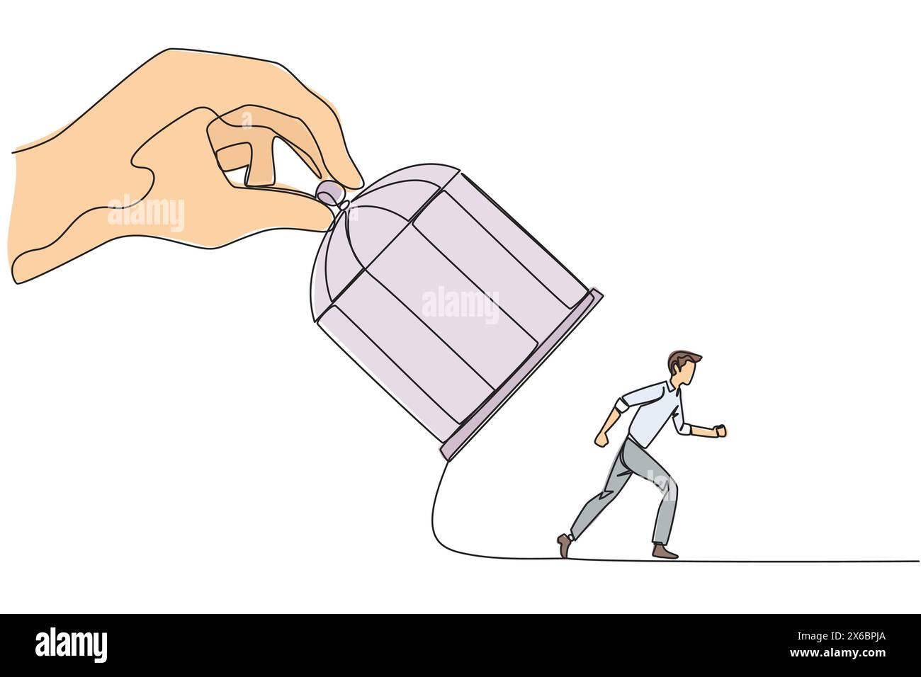 Continu une ligne dessinant la grande main tenant la cage de fer, attraper homme d'affaires. Vous voulez piéger de quelque manière que ce soit. Entrez dans la trappe. Concurrence déloyale des entreprises. L Illustration de Vecteur